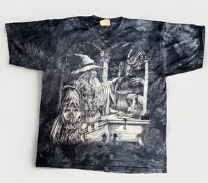 The Mountain Wizard Dragon Magic Magician Tie Dye T Shirt 00s Vintage L Gray